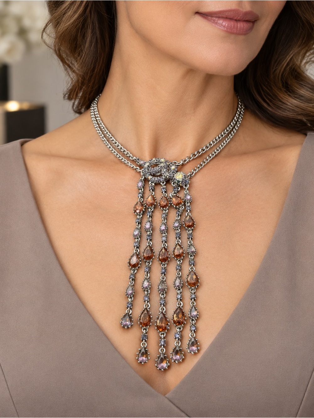 VINTAGE RARE BETSEY JOHNSON RHINESTONE SNAKE SILVER NECKLACE Halloween Witch
